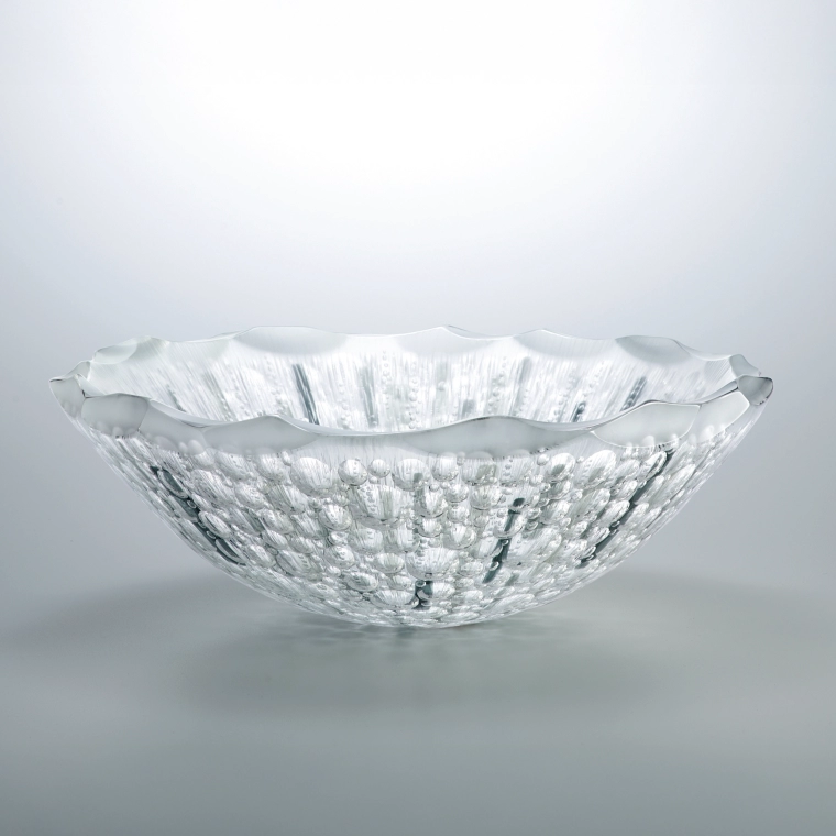 photo Laminated bowl with rainbow color, bubble design and engraved decoration, Kiriko (Cut Glass)