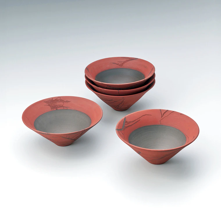 photo Set of Bowls with Nunome (Textile) Texture and Colored Clay