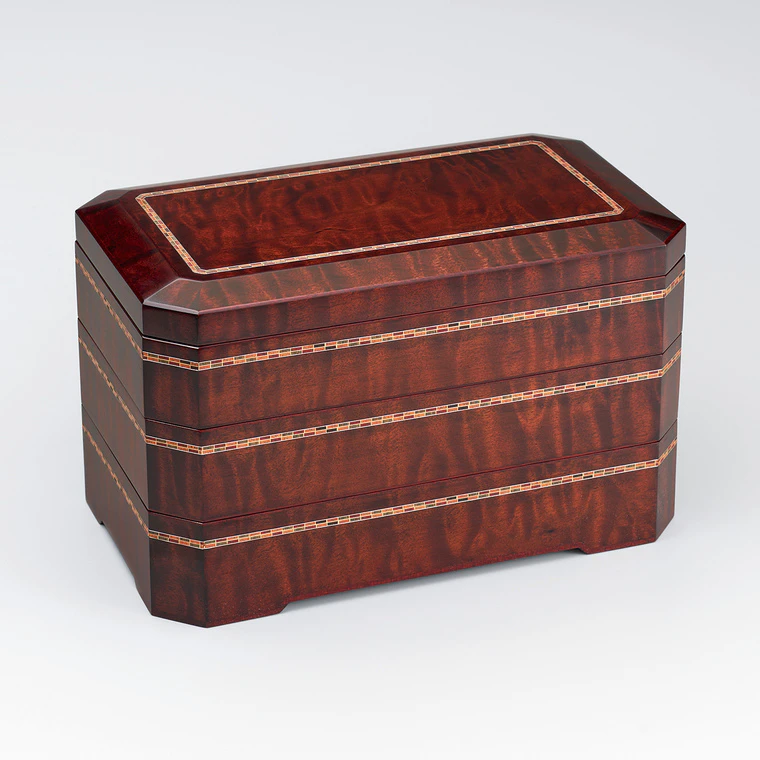 photo Tiered Food Box with Maple, Wiped Urushi, Yosegi and Inlay