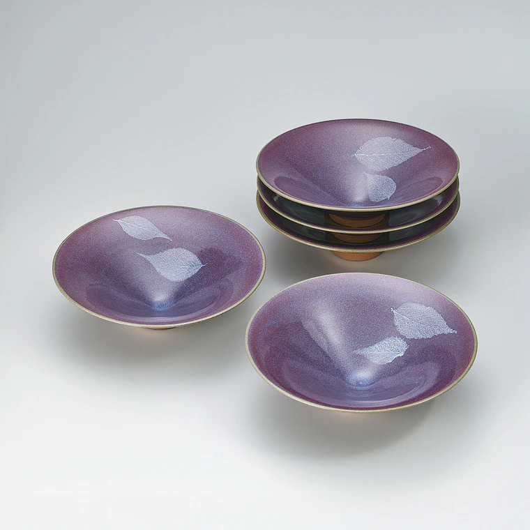 photo Set of Bowls with Jun Ware Glaze and Leaf Design