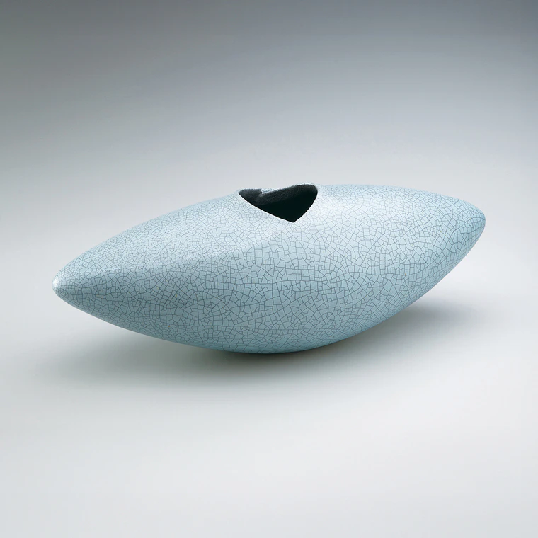 photo Flower Vessel with Pale Blue Glaze and Charcoal Finish
