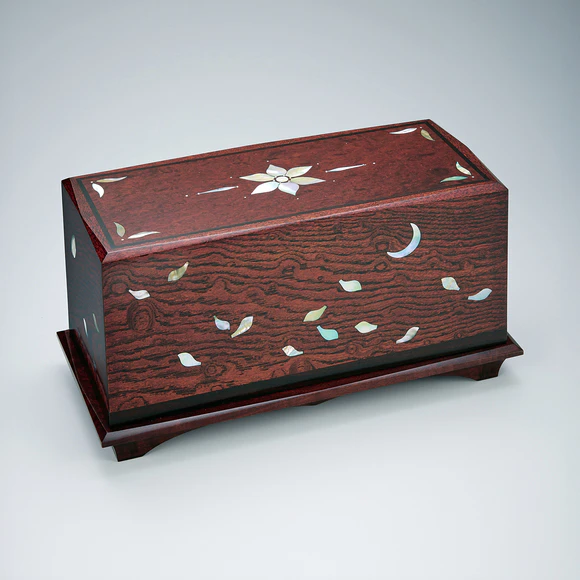 Box of Zelkova and Machilus Wood Finished in Wiped Urushi "Lotus Flower"