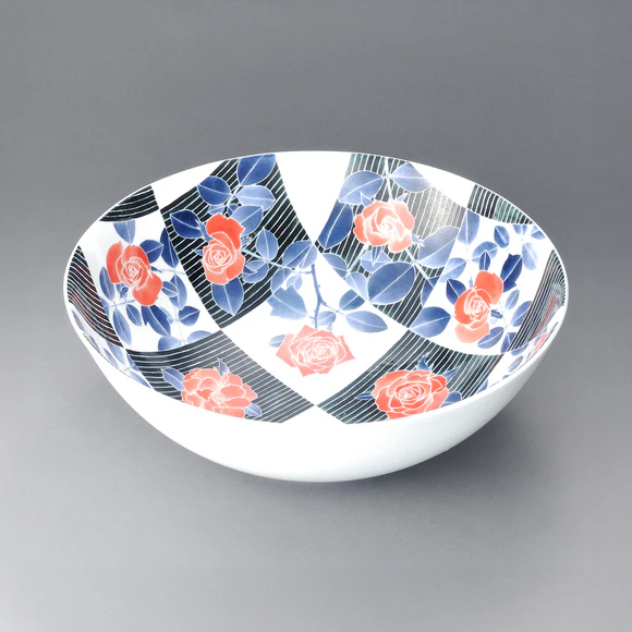 Large Bowl with Dyed Decoration and Rose Design