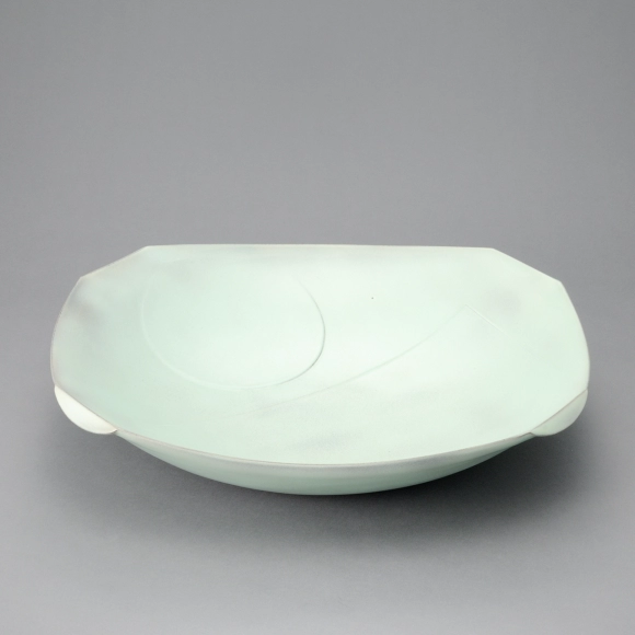 Line Patterned Pale Green Glaze Square Bowl with Four Corners Chamfered