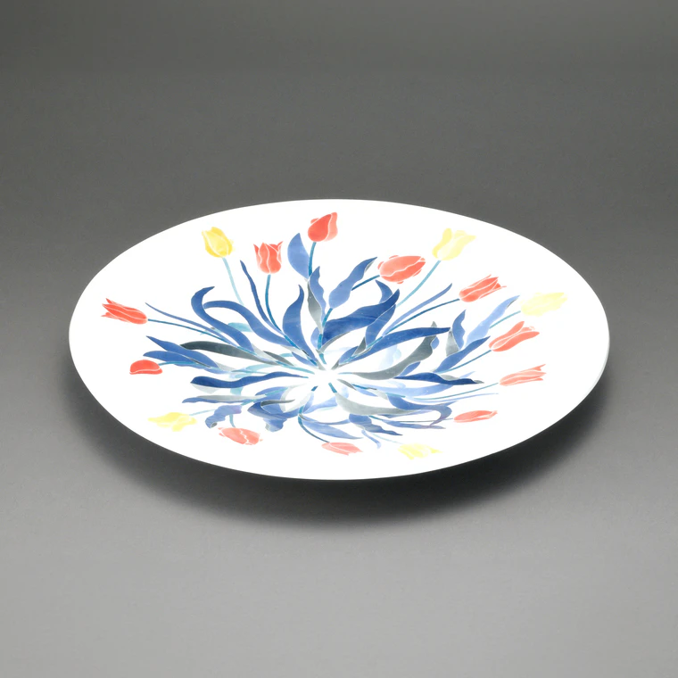 photo Large Polychrome Porcelain Plate with Tulip Design