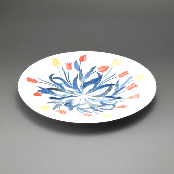 Large Polychrome Porcelain Plate with Tulip Design
