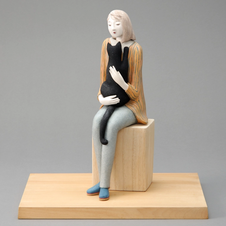 photo Wood Sculpture Covered with Whitewash "Cat and I"