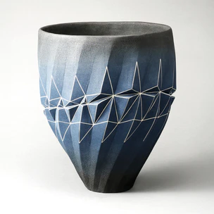 Wide Mouthed Flower Vase of Blue Gradation with Geometrical Design