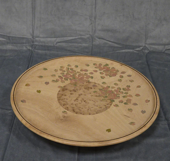 Tray of Camphor Wood with Cherry Blossom Design in Makie on Plain Wood Surface