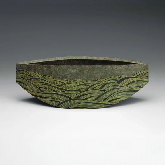 Flower Vessel with Colored Slip and Engraved Wavy Line Decoration