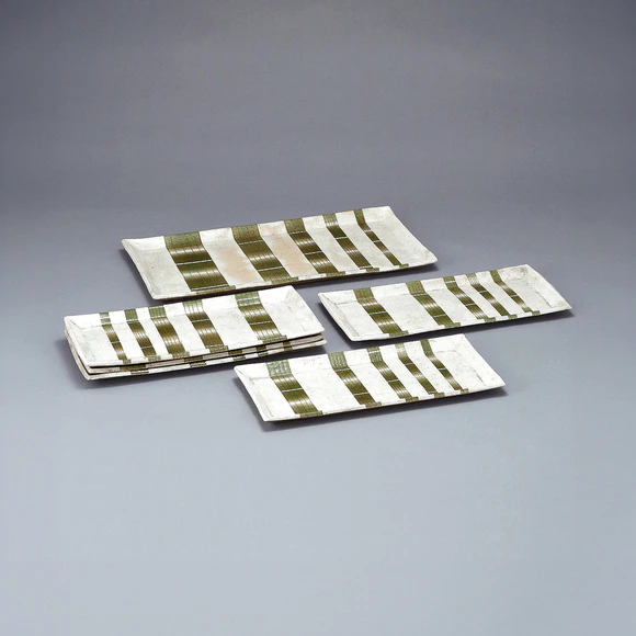 Set of Rectangular Plates with Green Decoration and Line Design