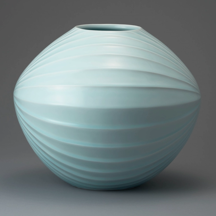 photo White Porcelain Jar with Pale Blue Glaze and Engraved Design