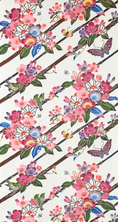 photo Obi Sash with Design in Bingata "Signs of Spring"