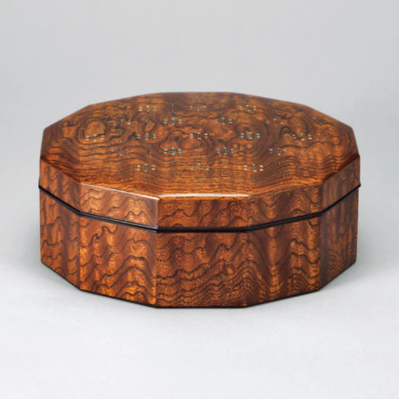 Twelve-sided Box of Zelkova Wood with Inlay Decoration Finished in Wiped Urushi