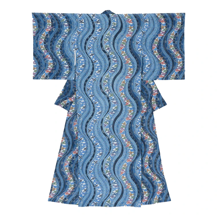 photo Kimono with Design in Ryūkyū Aigata with Bingata "Kamiji"