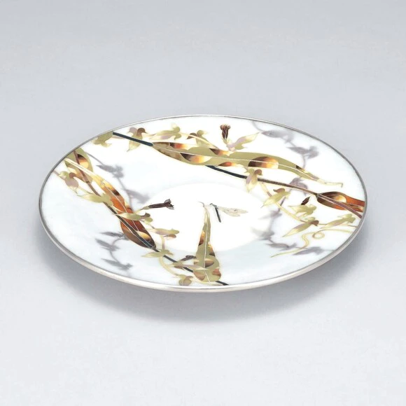 Cloisonne Ornamental Dish with Flowering Plant and Damselfly Design "Evening”