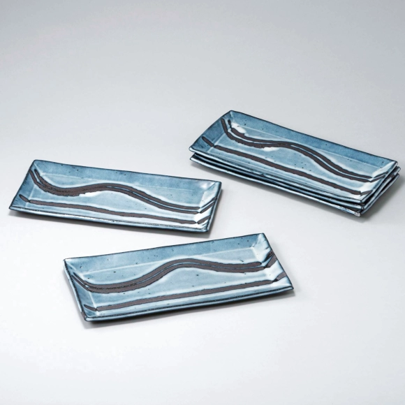 Set of Straw Ash Glazed Rectangular Plates with Finger Painted Design