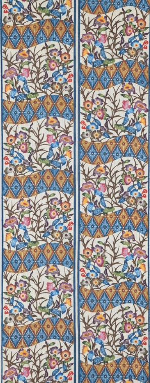 photo Fully Patterned Obi Sash with Design in Bingata "Staggered Diamonds with Plants and Flowers"