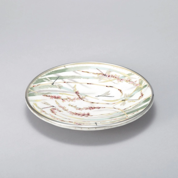 Cloisonne Ornamental Dish with Flowering Plant and Damselfly Design