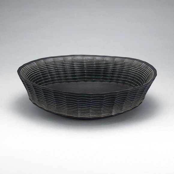Ridged flower Vessel with inlaid line design and charcoal finish