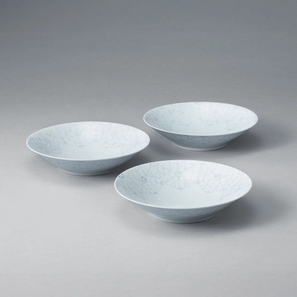 Set of Deep Plates with White Porcelain and Underglaze Color Decoration