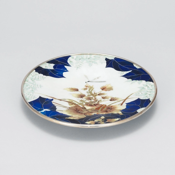 Cloisonne ornamental dish with flowering plant and damselfly design