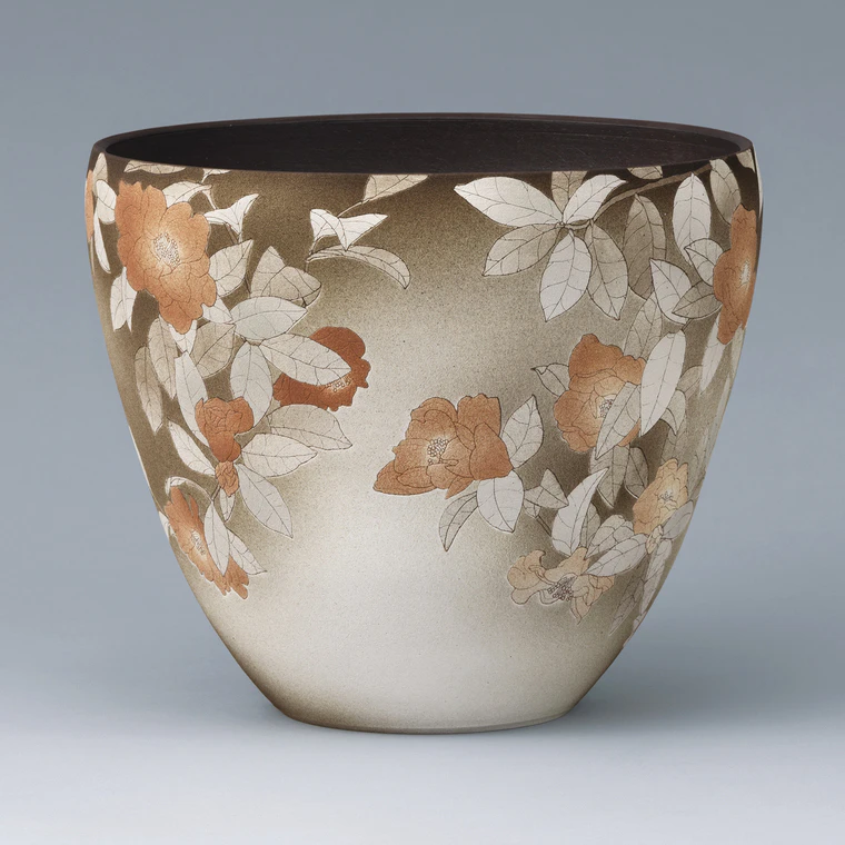 photo Flower Vase with Sgraffito and Camellia Sasanqua Design