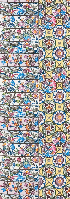 photo Fully Patterned Obi Sash with Design in Bingata "Vertical and Horizontal Floral Patterns"