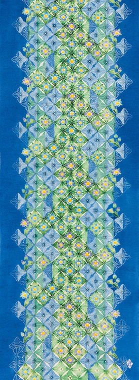 photo Obi Sash with Design in Stencil Resist Picture Dyeing "Morning Dew"