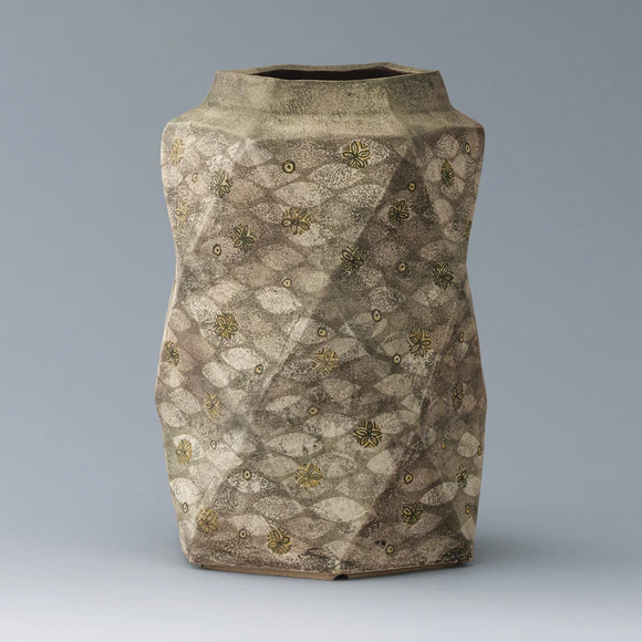 Polyhedral Flower Vase with Green and Yellow Decoration