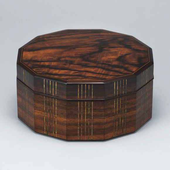 Twelve Sided Box of Black Persimmon Wood with Inlay Decoration Finished in Wiped Urushi