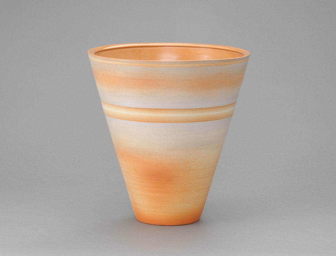 photo Ash Glaze Scarlet Vase with Five-Colored Line Inlays